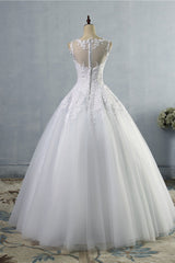 Ball Gown Jewel Tulle Lace Wedding Dress White Appliques Sleeveless Bridal Gowns On Sale