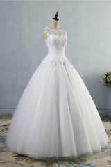 Ball Gown Jewel Tulle Lace Wedding Dress White Appliques Sleeveless Bridal Gowns On Sale