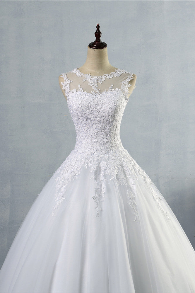 Ball Gown Jewel Tulle Lace Wedding Dress White Appliques Sleeveless Bridal Gowns On Sale