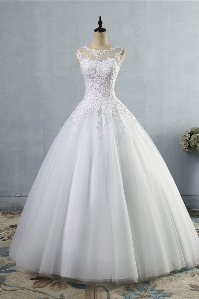 Ball Gown Jewel Tulle Lace Wedding Dress White Appliques Sleeveless Bridal Gowns On Sale