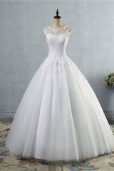 Ball Gown Jewel Tulle Lace Wedding Dress White Appliques Sleeveless Bridal Gowns On Sale