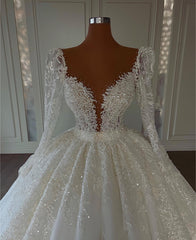 Ball Gown Long Sleeves Wedding Dress Lace V-Neck