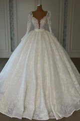 Ball Gown Long Sleeves Wedding Dress Lace V-Neck