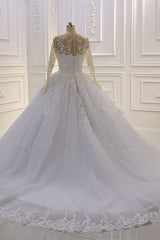 Ball Gown Tulle Appliqus Wedding Dress Long Sleeves Jewel Beading Ruffles Bridal Gowns On Sale