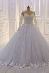 Ball Gown Tulle Appliqus Wedding Dress Long Sleeves Jewel Beading Ruffles Bridal Gowns On Sale