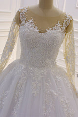 Ball Gown Tulle Appliqus Wedding Dress Long Sleeves Jewel Beading Ruffles Bridal Gowns On Sale