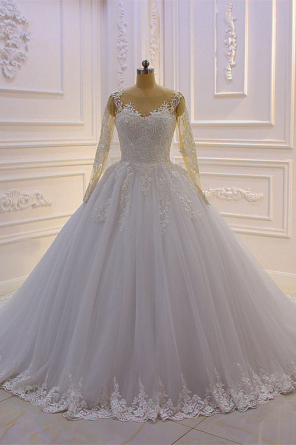 Ball Gown Tulle Appliqus Wedding Dress Long Sleeves Jewel Beading Ruffles Bridal Gowns On Sale