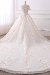 Ball Gown V-Neck Tulle Beadings Wedding Dress Lace Appliques Short Sleeves Bridal Gowns with Flowers On Sale