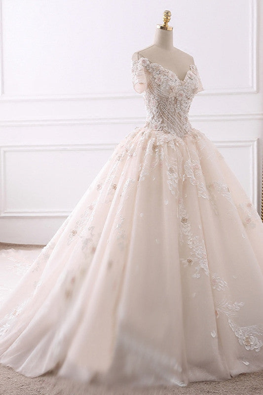 Ball Gown V-Neck Tulle Beadings Wedding Dress Lace Appliques Short Sleeves Bridal Gowns with Flowers On Sale