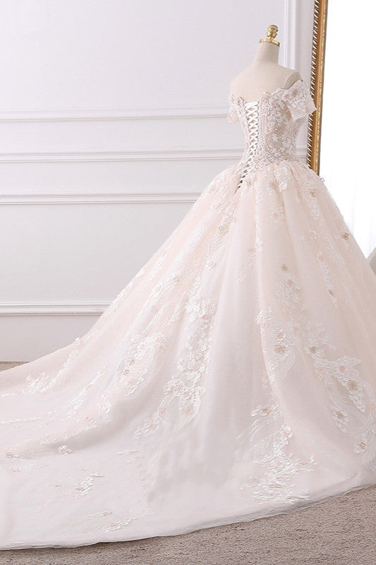 Ball Gown V-Neck Tulle Beadings Wedding Dress Lace Appliques Short Sleeves Bridal Gowns with Flowers On Sale