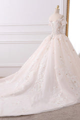 Ball Gown V-Neck Tulle Beadings Wedding Dress Lace Appliques Short Sleeves Bridal Gowns with Flowers On Sale