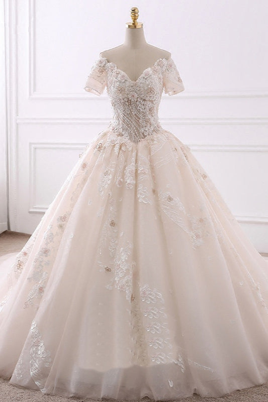 Ball Gown V-Neck Tulle Beadings Wedding Dress Lace Appliques Short Sleeves Bridal Gowns with Flowers On Sale