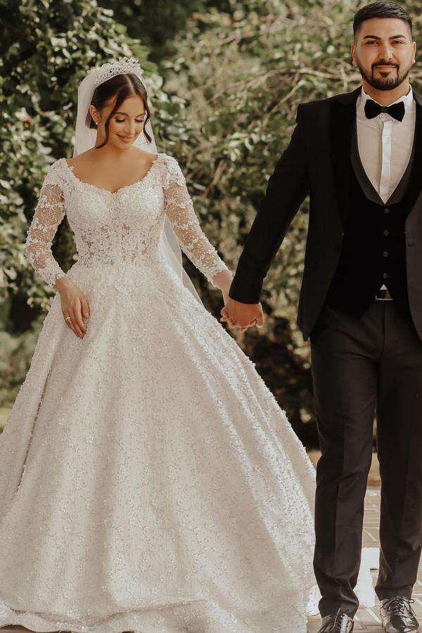 Ball Gown Wedding Dress Long Sleeves With Lace Appliques