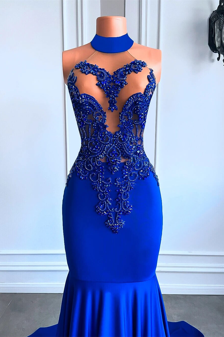 Gorgeous Royal Blue High Neck Sleeveless Mermaid Prom Dresses with Beads