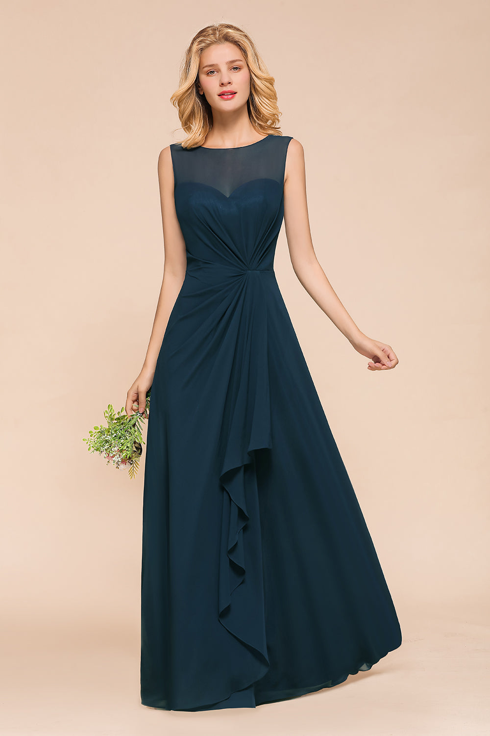 Beautiful Chiffon Jewel Ruffle Navy Affordable Bridesmaid Dresses Online