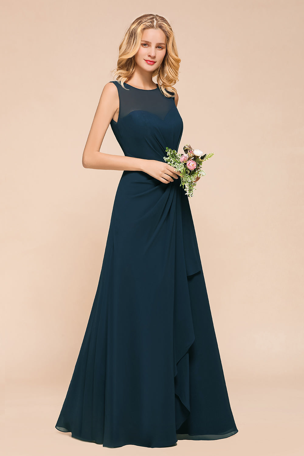 Beautiful Chiffon Jewel Ruffle Navy Affordable Bridesmaid Dresses Online