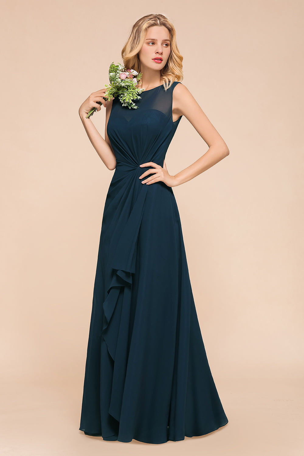 Beautiful Chiffon Jewel Ruffle Navy Affordable Bridesmaid Dresses Online