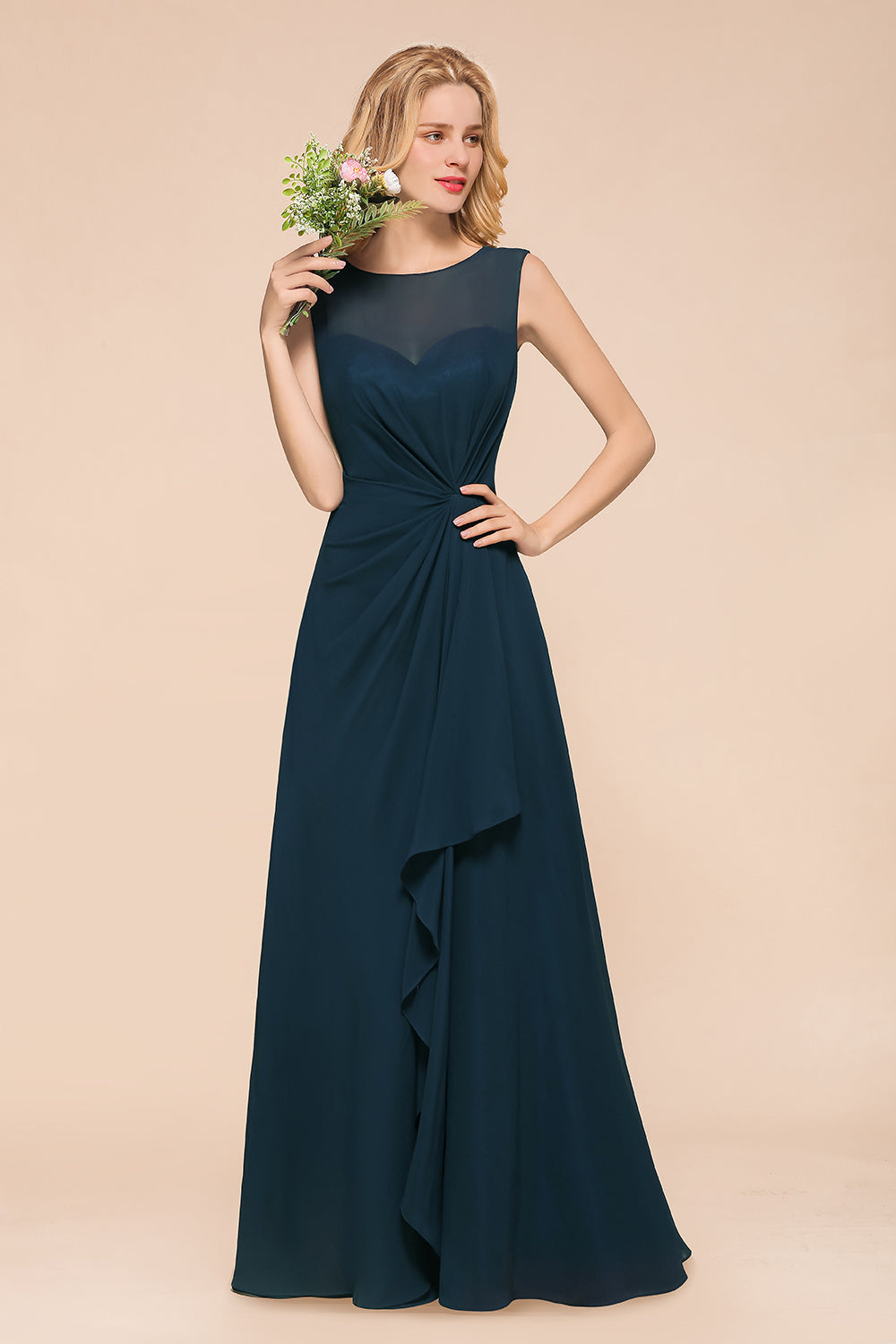 Beautiful Chiffon Jewel Ruffle Navy Affordable Bridesmaid Dresses Online