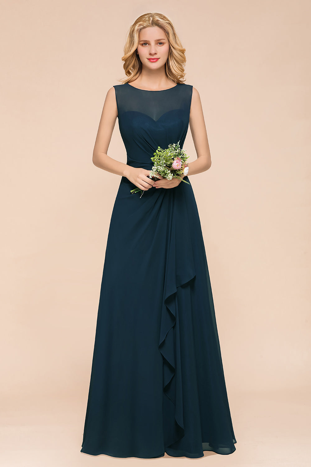 Beautiful Chiffon Jewel Ruffle Navy Affordable Bridesmaid Dresses Online