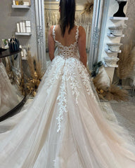 Trendy Long A-Line Floor Length Sleeveless Straps Lace Wedding Dress with Split