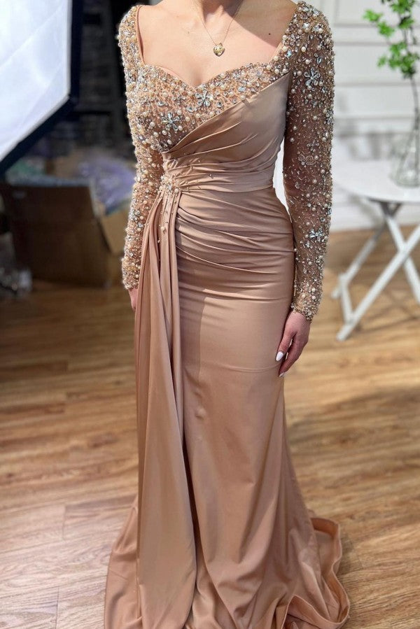 Beautiful Long Mermaid Beaded Prom Dress with Long Sleeves