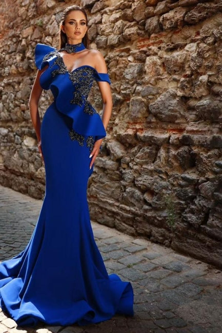 Beautiful Long Royal Blue Mermaid Beaded Prom Dress with Ruffled Details