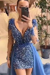 Deluxe Mini V-Neck Long Sleeveless Sheath Sequined Prom Dress with Court Train