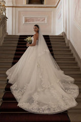 Enchanting Princess Long A-line White Strapless Wedding Gown Embellished with Lace