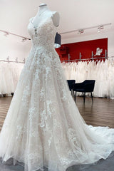 Beautiful Sleeveless Tulle Lace V Neck Ruffles A-Line Wedding Dresses Long