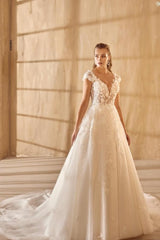 Lovely V-neck Long A-line Lace Tulle Sleeveless Wedding Dress