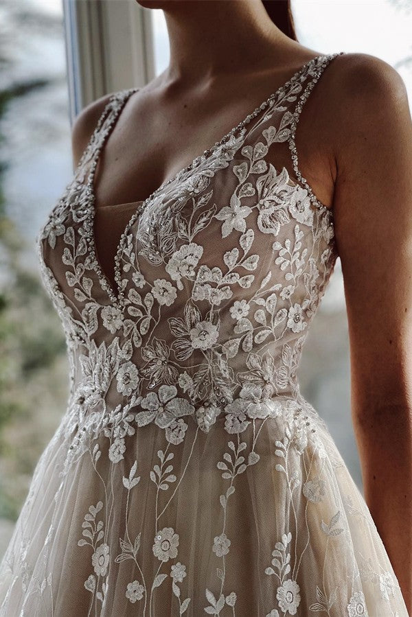 Beautiful V-Neck Wedding Dress Lace Sleeveless Online