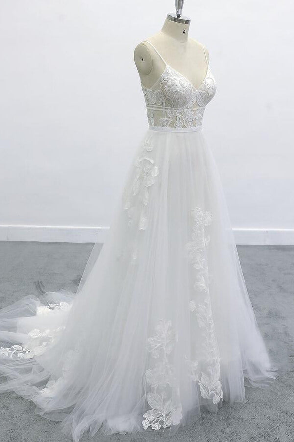 Best Spaghetti Strap Appliques Tulle Wedding Dress On Sale