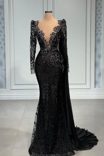 Black lace long sleeve prom fashion dress