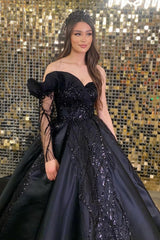 Black Long Sleeve Prom Dress One Shoulder Ball Gown With Beads