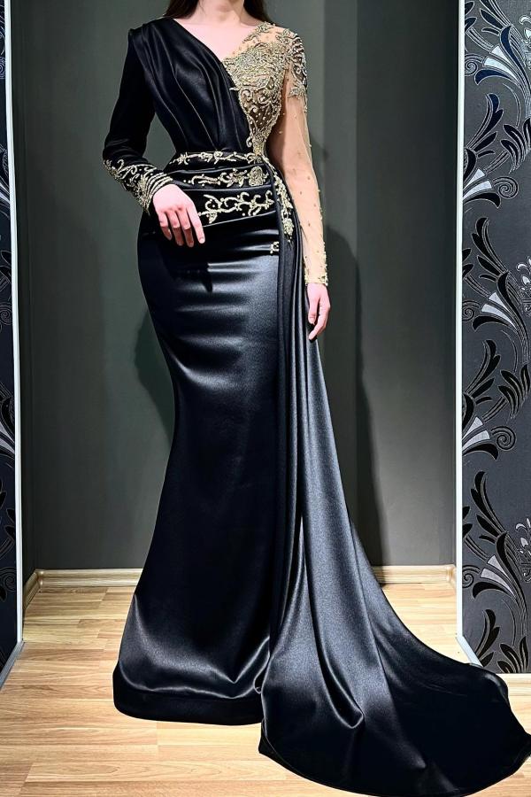 Black Long Sleeves Prom Dress Mermaid Long With Beads