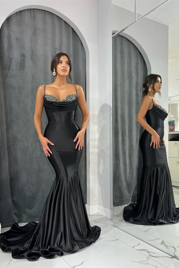 Black Spaghetti-Straps Prom Dress Mermaid Sleeveless With Beads