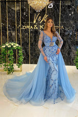 Blue Long Sleeves Prom Dress Mermaid Tulle Overskirt With Beads