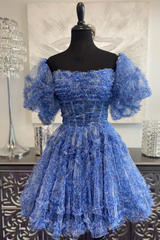 Blue Puff-Sleeved Ruffled A-Line Printed Homecoming Dress