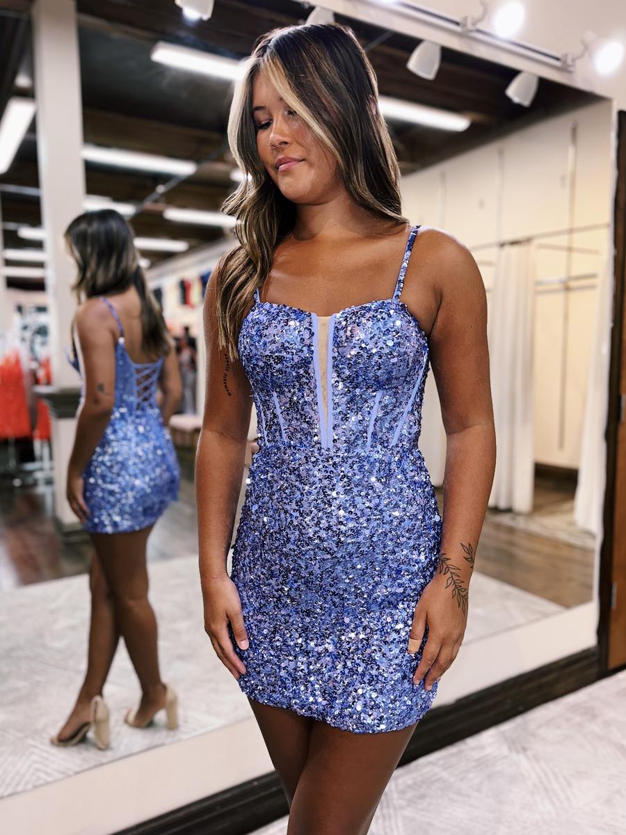 Blue Sequined Scoop Neck Lace-Up Short Tight Homecoming Dress