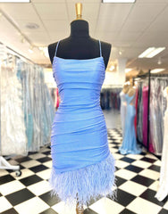 Anastasia Sheath Blue Homecoming Dress with Feather Details