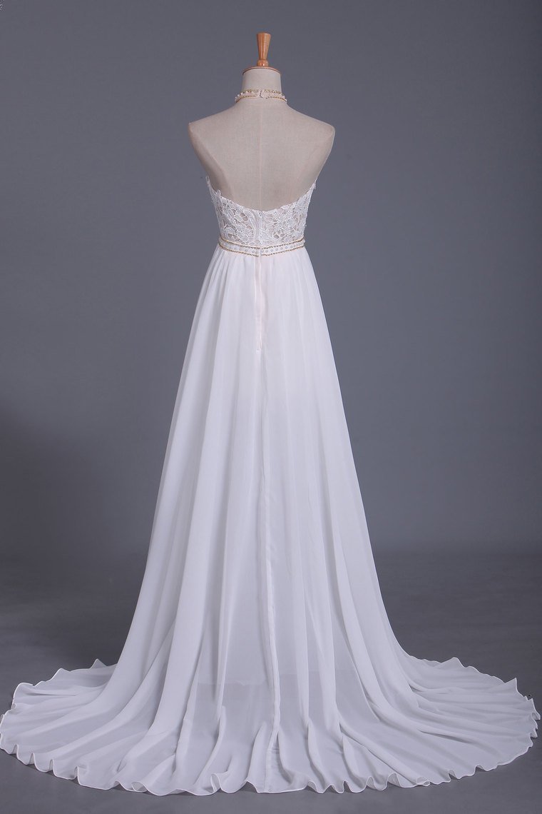 Boho Halter Chiffon Lace Wedding Dress Beadings Appliques Sleeveless Ruffles Bridal Gowns On Sale