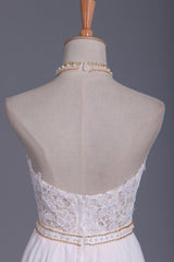 Boho Halter Chiffon Lace Wedding Dress Beadings Appliques Sleeveless Ruffles Bridal Gowns On Sale