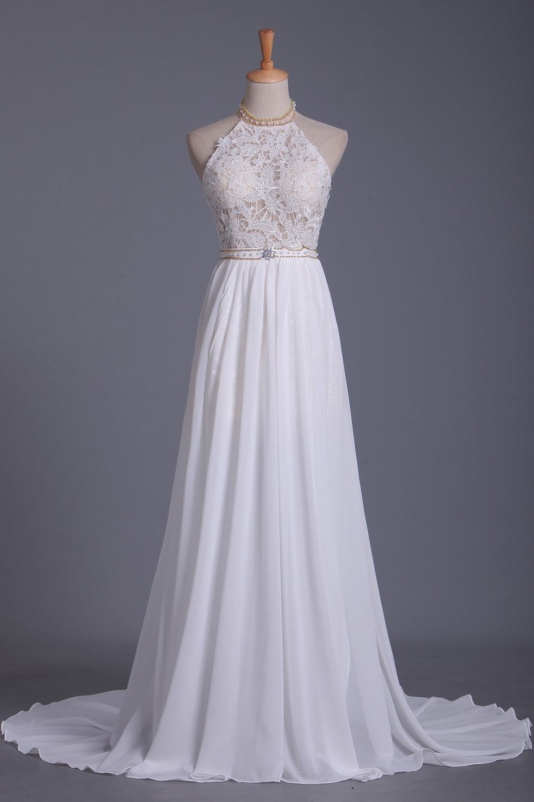 Boho Halter Chiffon Lace Wedding Dress Beadings Appliques Sleeveless Ruffles Bridal Gowns On Sale