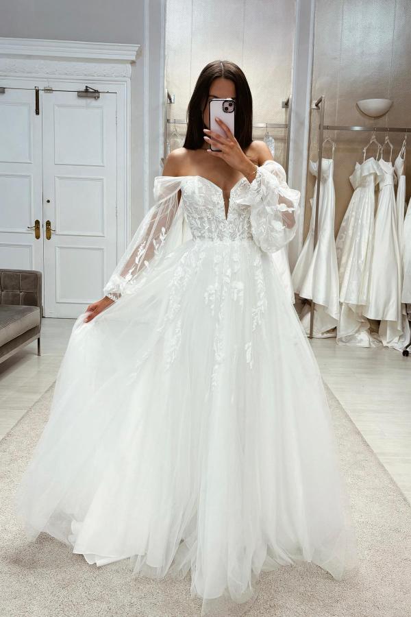 Boho Long White A-line Off-the-shoulder Lace Wedding Dress with Long Sleeves