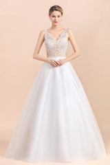 Boho V-Neck Lace Wedding Dress Tulle Appliques Sleeveless Bridal Gowns On Sale