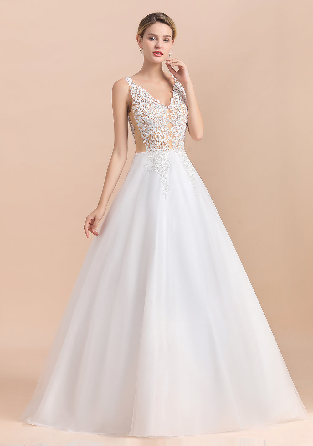 Boho V-Neck Lace Wedding Dress Tulle Appliques Sleeveless Bridal Gowns On Sale