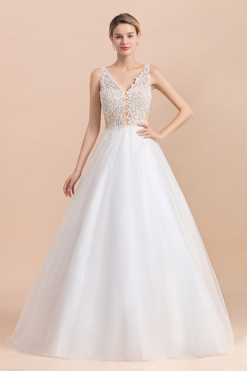 Boho V-Neck Lace Wedding Dress Tulle Appliques Sleeveless Bridal Gowns On Sale