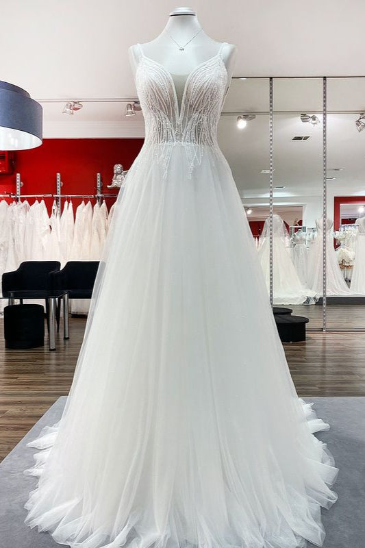 Breath-taking Tulle V Neck Sequins Ruffles A-Line Wedding Dresses