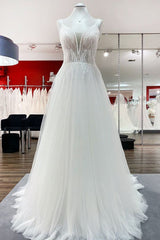 Breath-taking Tulle V Neck Sequins Ruffles A-Line Wedding Dresses