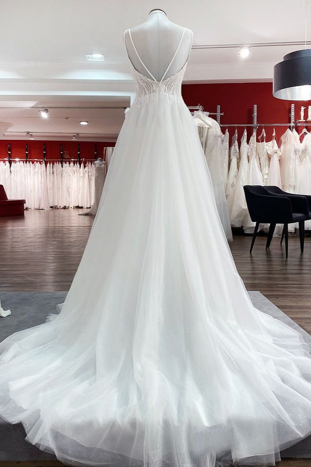 Breath-taking Tulle V Neck Sequins Ruffles A-Line Wedding Dresses